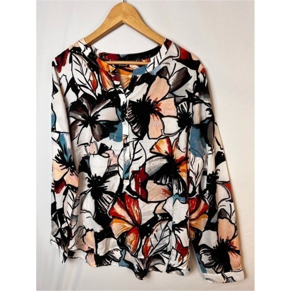 SIONI Women's Floral Button Front Blouse - White Multicolor Size XL